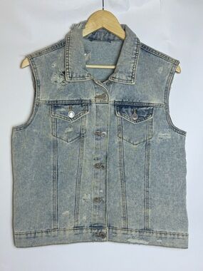 Distressed Light Wash Denim Vest - Large